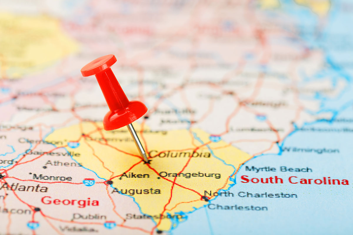 South Carolina map with thumbtack