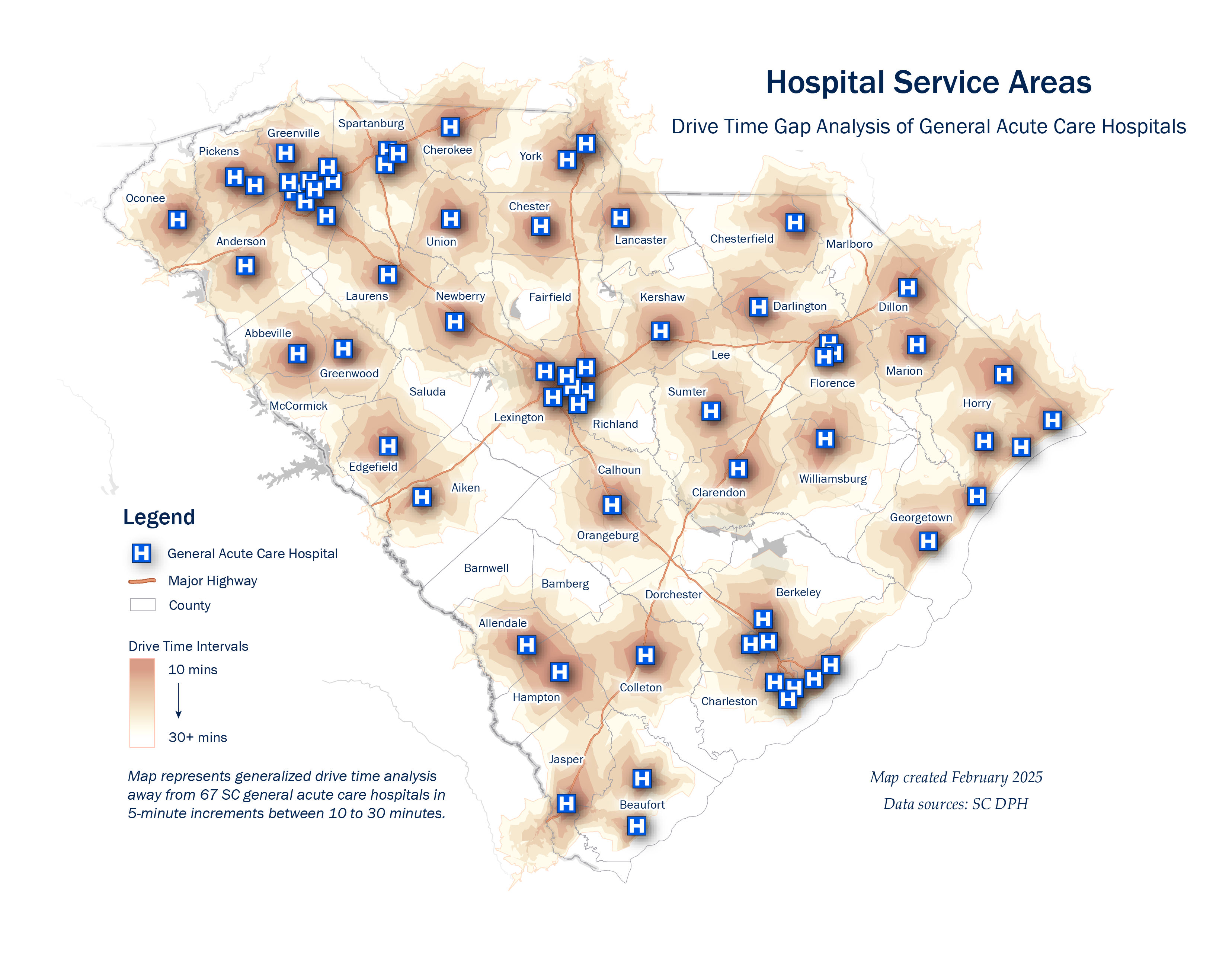 Drive Time Gap Analysis of General Acute Care Hospitals map graphic